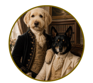 A painted portrait of Lord Oakley and Duke Scooby, the Oakwood Finance office dogs