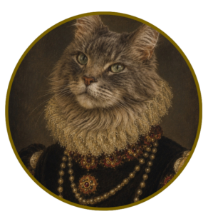A painted portrait of the Oakwood Finance office cat
